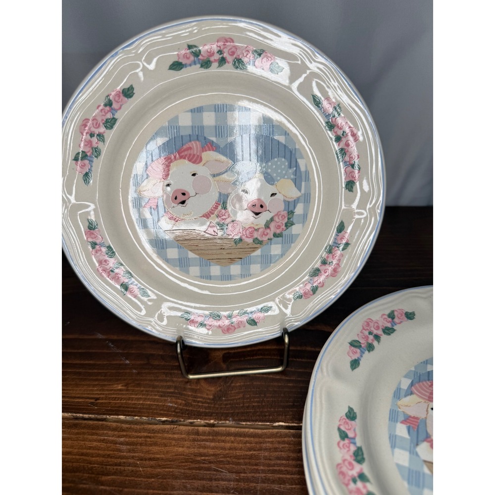 VTG Tienshan Stoneware Pig Pals Salad Plates Set of 4 Country Farmhouse  7.5 in - Picture 3 of 8